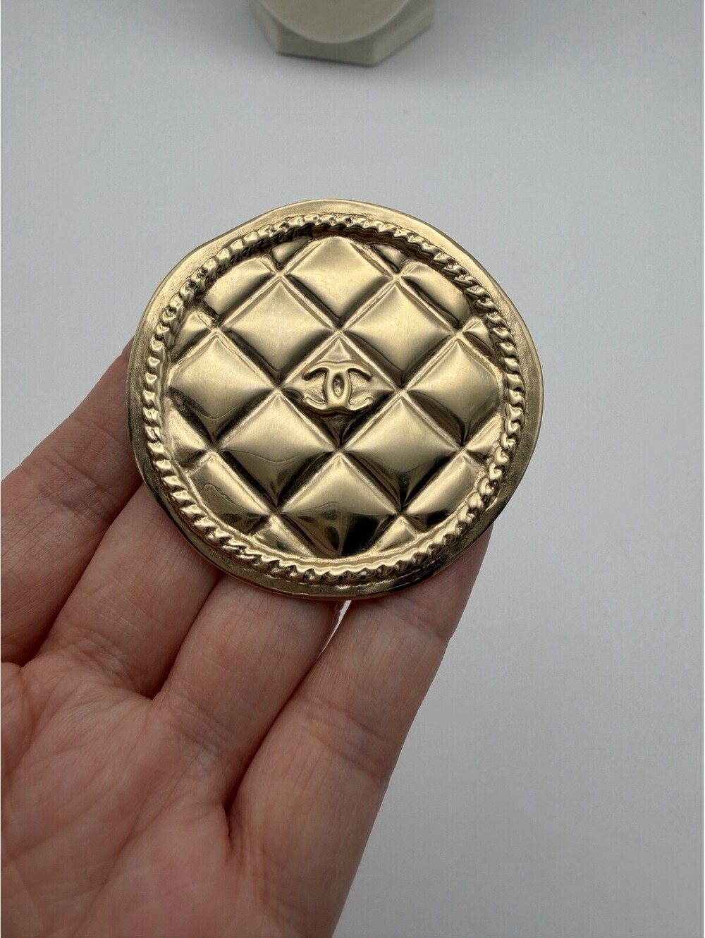 Authentic Rare Chanel Gold Plated Quilted Medallion Brooch 2015 CC Logo